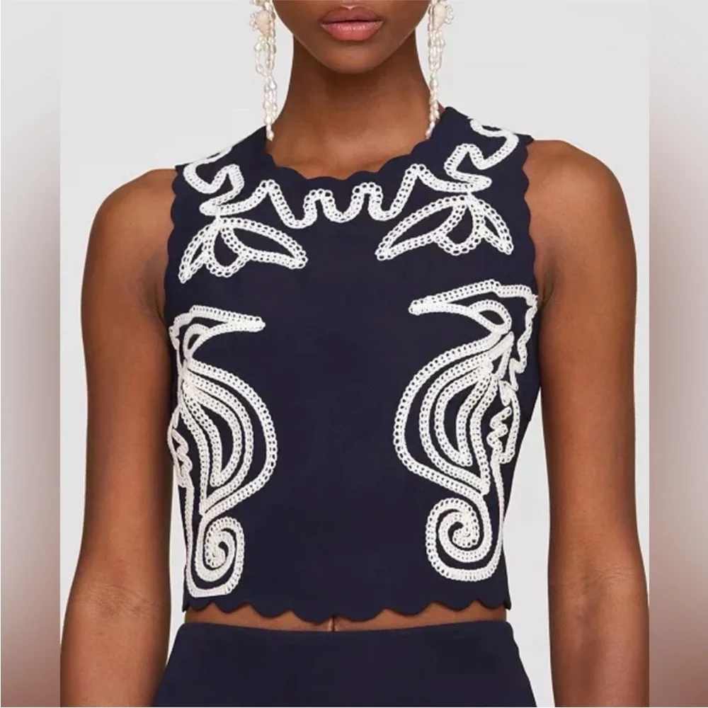 NWT Avec Les Filles Seahorse Embroidery Sleeveless Shell Navy & White Set M/6 - Picture 5 of 12